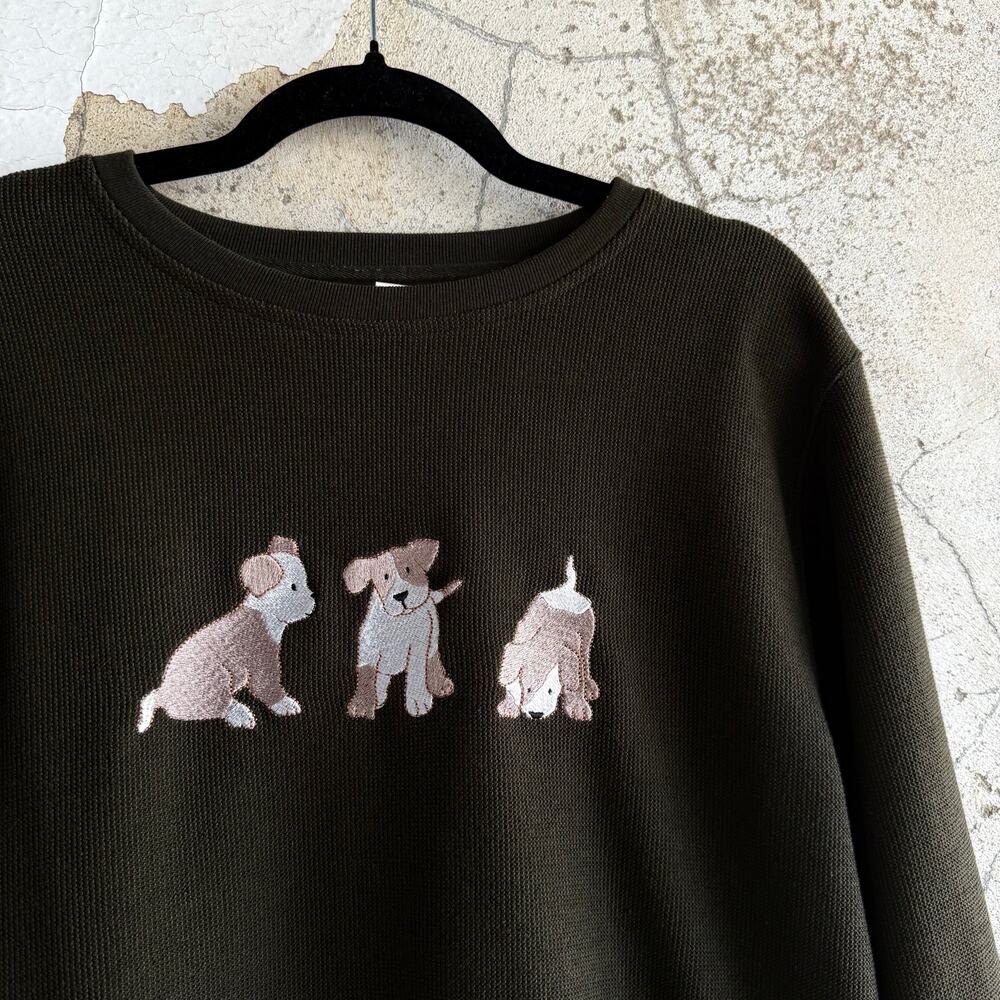 Vintage Waffle Knit Top Embroidered Dogs Thermal 90s Long Sleeve Shirt Womens‎ L - Picture 2 of 8